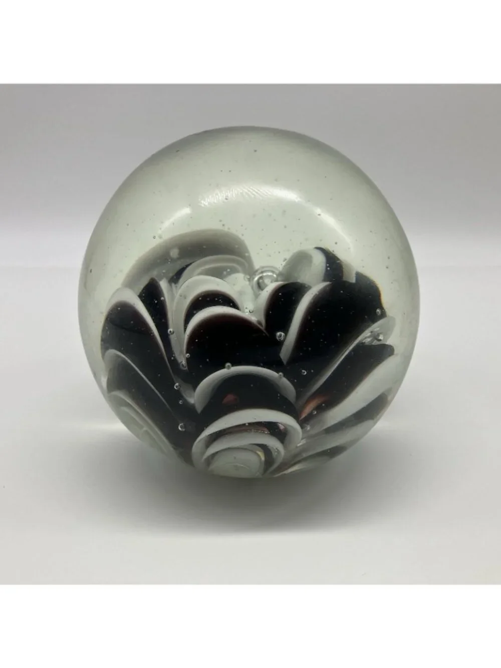 Vintage Art Glass Black White Floral Swirl Paperweight 3.25” - W18